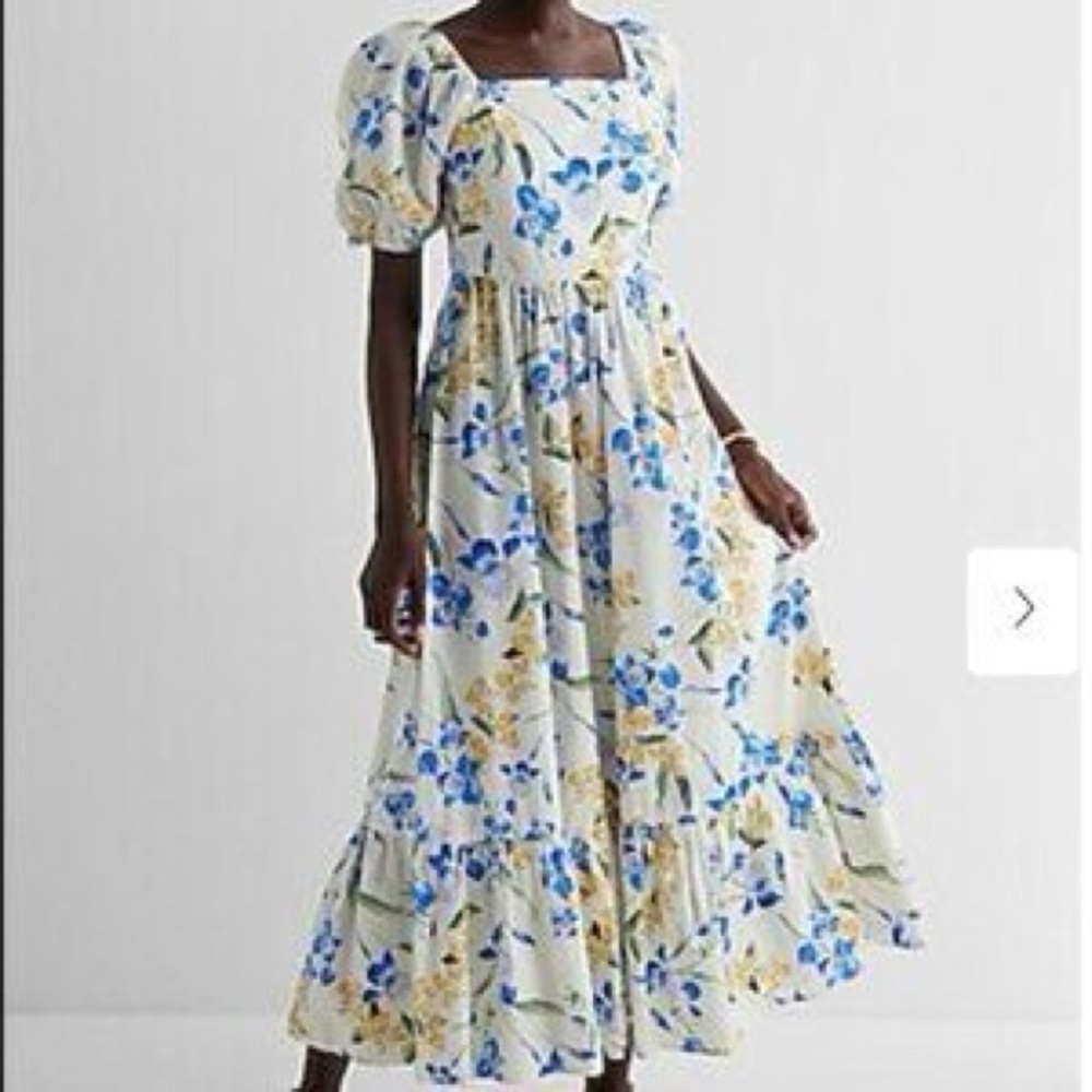 Express White Cream Pleated Maxi Dress with Puff Sleeves